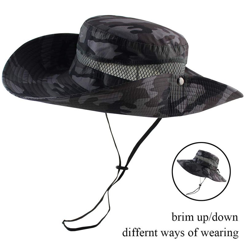 CAMOLAND Summer Fishing Sun Boonie Hat Camouflage Outdoor UV Protection Large Brim Bucket Safari Cap Breathable Mesh - Image 3